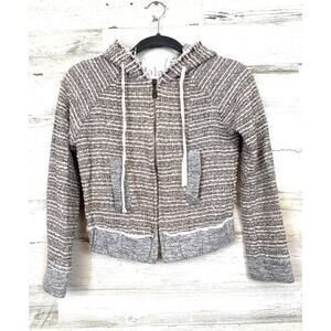 Anthropologie Dolan Womens XS Gray Tan Hooded Cropped Silk Sweater Jacket Boho
